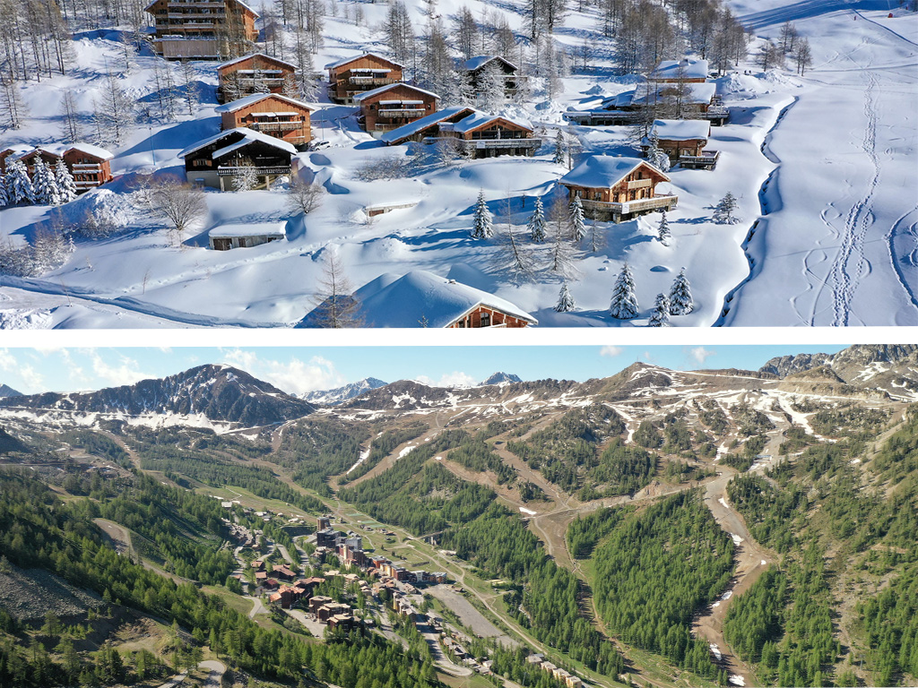 Vue panoramique de la station Isola 2000 en hiver et en ete